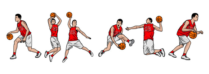 Basketball players illustration vector. Group of basketball players in different playing positions. basketball players team in uniform with ball isolated on white background © onemoretime