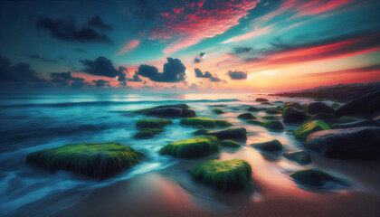 Obraz premium Mystical Flow: Waterfalls Illuminated by the Setting Sun. Cascading Waterfalls Reflecting the Radiance of the Setting Sun.