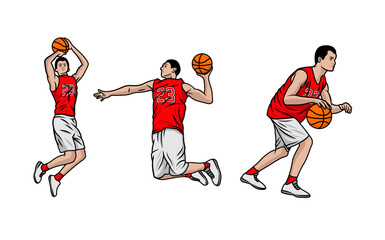 Basketball players illustration vector. Group of basketball players in different playing positions. basketball players team in uniform with ball isolated on white background © onemoretime