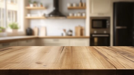 Wooden Kitchen Table in Modern Home with Blurred Background