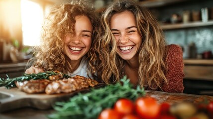 Two women with radiant smiles enjoying a culinary moment together in a rustic kitchen, capturing the essence of joyful cooking and delightful companionship.