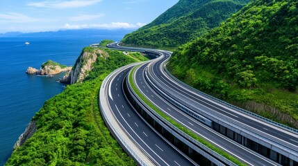 A scenic coastal highway winds through lush greenery, offering stunning views of the ocean and mountains.