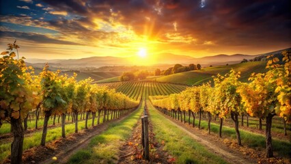 Naklejka premium Vintage Sunset Vineyard Photography: Lush Grapevines, Tranquil Landscape