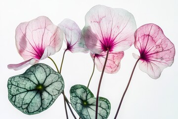 close-up of delicate pink and green leaves against a white background