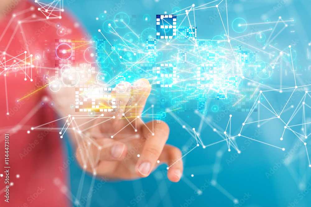 Poster Neural network 3D illustration. Big data and cybersecurity
