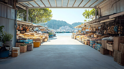 Fototapeta premium Sydney Harbor Market with artisanal crafts and seafood stalls, scenic Australian retreat