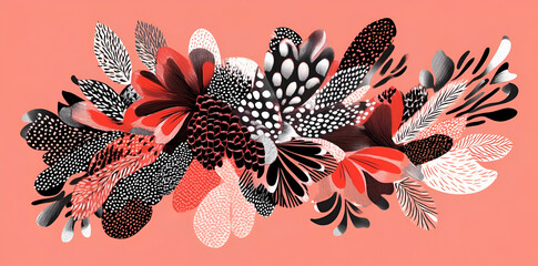 A vibrant floral illustration featuring various abstract shapes and patterns in red and black.