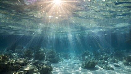 Fototapeta premium Sunlight pierces through the crystal-clear water, casting a warm glow and dancing rays that shimmer and sparkle, creating an breathtaking underwater spectacle. 