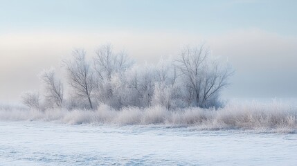 Frosted white trees and snowy fields softly veiled in morning mist, with delicate hues of pale blue and gray creating an ethereal winter landscape filled with calm serenity.