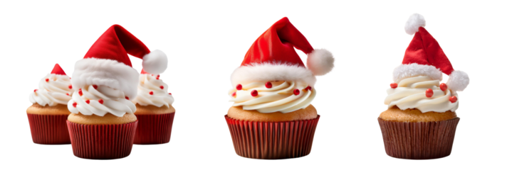 Festive cupcakes with red hats and creamy frosting for holiday celebrations.
