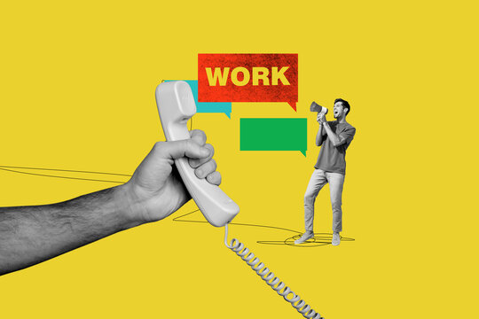 Composite trend artwork sketch image collage of work hiring business hr candidate small man proclaim loudspeaker huge hand landline phone - Powered by Adobe