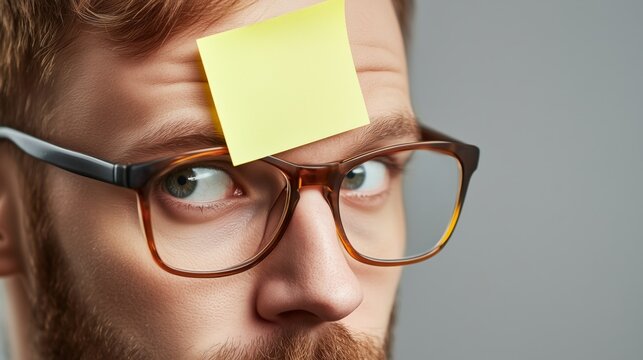 Man with a blank yellow sticky note on forehead looking confused and curious in indoor setting. A man wearing glasses has a sticky note on his forehead, looking perplexed.