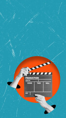 Modern art collage showing hands holding a clapper on a blue background with copy space.