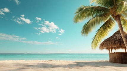 A serene tropical beach scene with a lone palm tree, turquoise waters, and bright blue skies overhead, capturing the essence of a peaceful coastal paradise.
