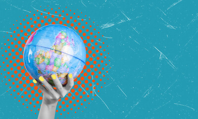 Modern art collage featuring a hand with the globe on a blue background with copy space.