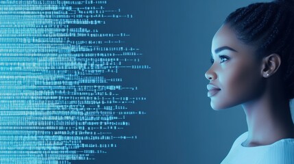 A woman gazes thoughtfully at a digital display of flowing binary code, symbolizing technology and innovation.