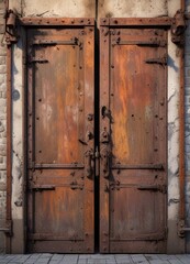 Old iron door with rusty hinges and a large padlock, faded, door, rusty