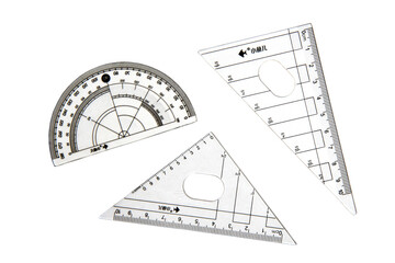 Measuring protractor and triangles isolated on white background