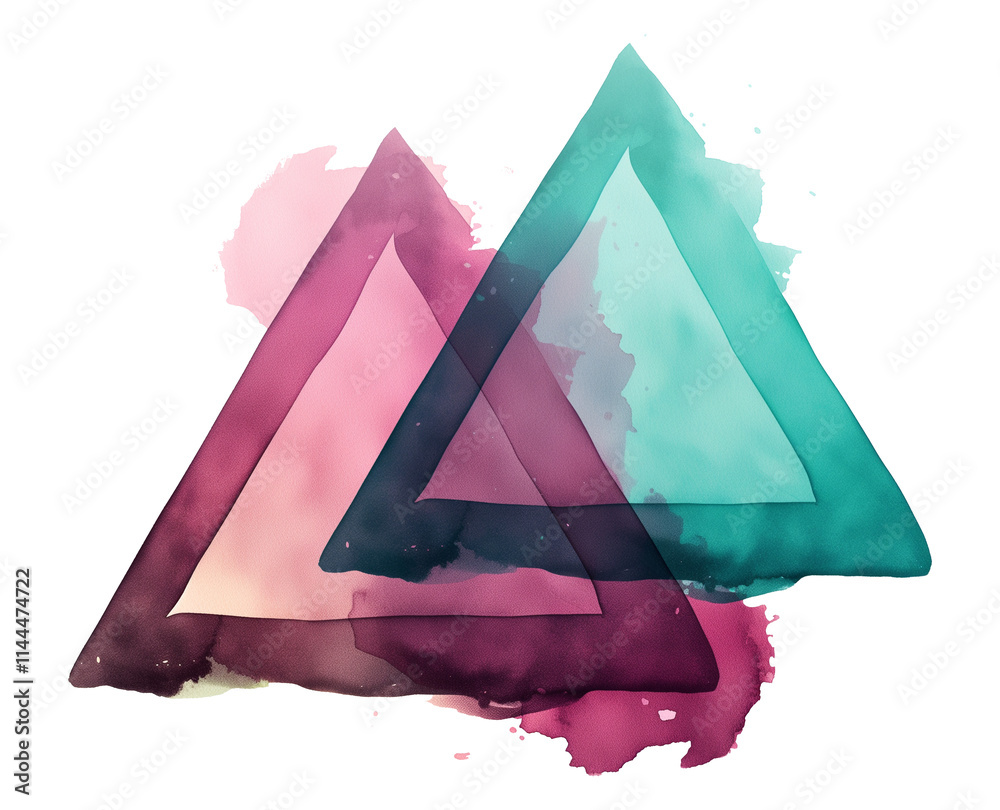 Poster Abstract watercolor art featuring overlapping triangles in magenta and turquoise tones, with soft paint splashes and gradients creating modern and artistic composition