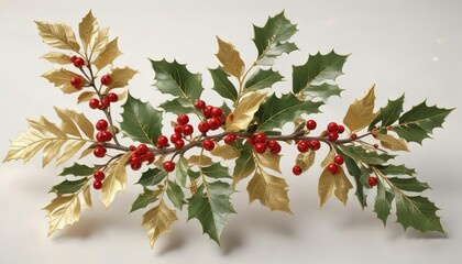 Ornamented Holly branch with gold accents on a white background, ornaments, gold
