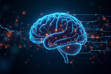 A futuristic AI brain background featuring neural grid visuals, glowing circuits, and abstract data streams for a high-tech concept..