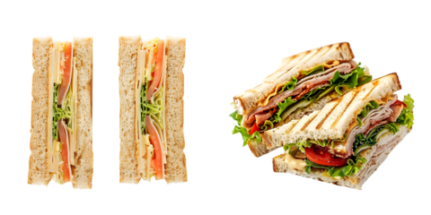 Two halves of club sandwich isolated on a white background. Generative AI.