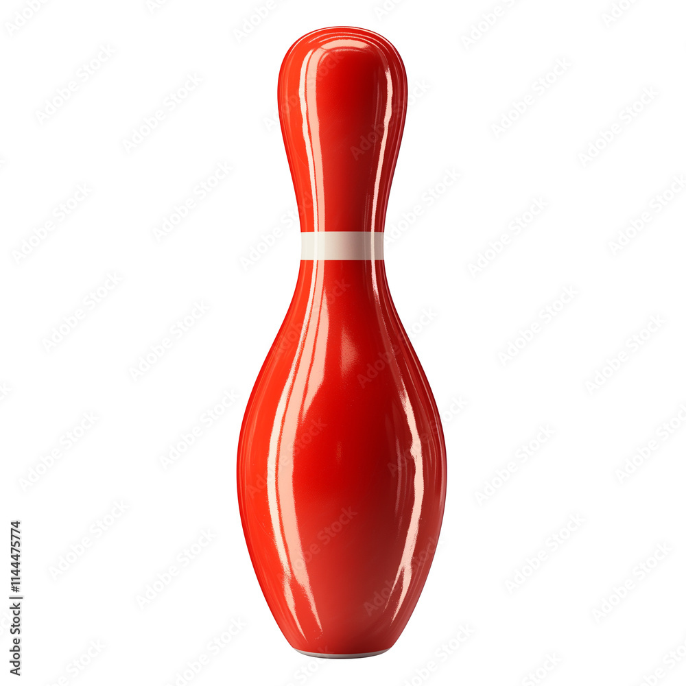 Poster red bowling pin with white stripe is isolated on transparency background, showcasing its glossy surf
