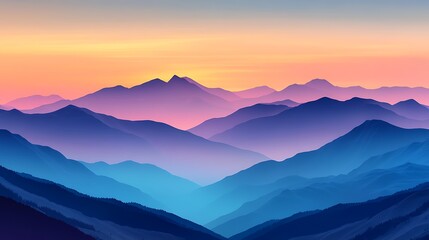 Obraz premium A tranquil alpine mountain range at sunset, the sky transitioning from blue to golden and purple, with the last light of day illuminating the rugged terrain 