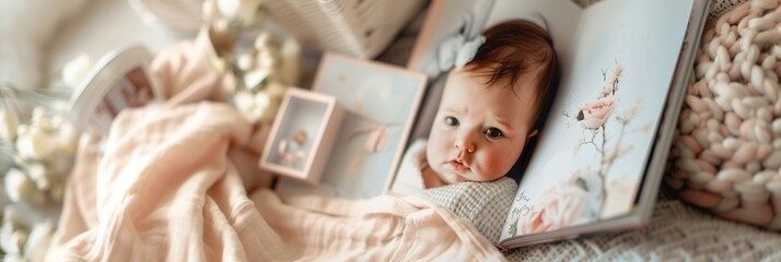 Cherished moments captured in a baby album showcasing adorable infants and joyful childhood memories. Generative AI