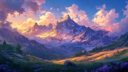 A tranquil alpine mountain range at sunset, the sky transitioning from blue to golden and purple, with the last light of day illuminating the rugged terrain 