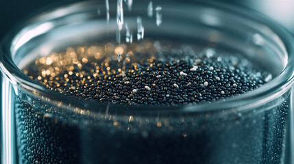 Close-up of chia seeds in a glass jar with water being poured.