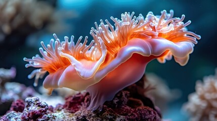 This enchanting underwater scene captures a blooming sea anemone in radiant orange hues, gracefully extending tentacles over a complex rocky marine landscape.