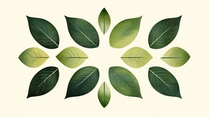 A symmetrical arrangement of various green leaves on a light background.