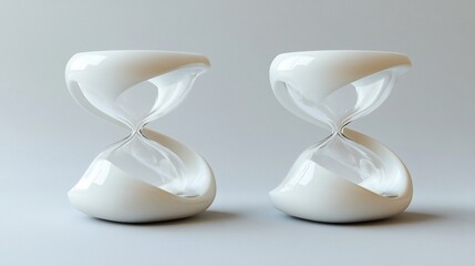 Two modern white hourglasses on a plain background.