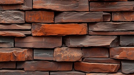 Obraz premium Textured wall of stacked red and gray stone blocks in modern design background. Detailed arrangement of colorful stone blocks forming a decorative wall feature