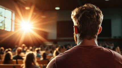 A man's silhouette in an auditorium facing an audience, with radiant sunlight streaming in, suggesting leadership or inspiration in a captivating lecture setting.