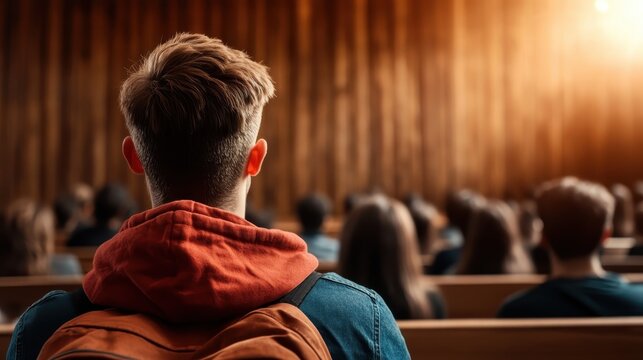 A person with a red hoodie is seen from the back in an auditorium setting, sitting among attendees, with warm sunlight illuminating the wooden surroundings.