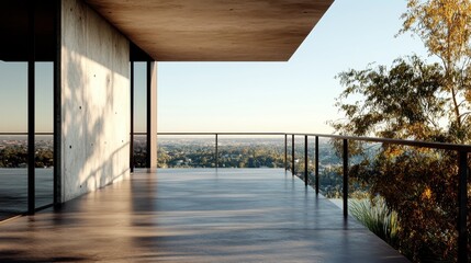 A sleek modern terrace features a concrete ceiling, glass railing, and expansive city view enhanced by natural light, epitomizing contemporary architecture.