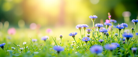 Kwitnące niebieskie i różowe kwiaty na rozświetlonej słońcem łące