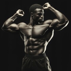 Fototapeta premium A male subject poses with flexed muscles, showcasing physical strength and confidence in dark tones.