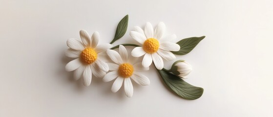 Three white daisies with green leaves on a white background
