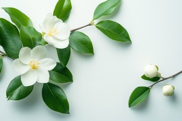 Obraz premium white flowers and green leaves on a white background