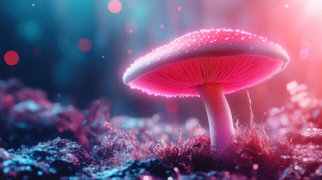 A fantastical mushroom glows with ethereal pink hues in a misty forest, evoking enchantment, mystery, and the magical wonder of the hidden natural world. - Powered by Adobe