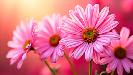 Zbliżenie na żywe r&oacute;żowe kwiaty stokrotki z zielonym środkiem, ujęte w marzycielskie r&oacute;żowo-ż&oacute;łte tło bokeh