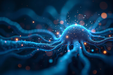 A futuristic AI brain background featuring neural grid visuals, glowing circuits, and abstract data streams for a high-tech concept..