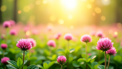 Kwitnące różowe kwiaty koniczyny o zachodzie słońca z ciepłym efektem bokeh