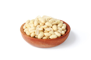 Peeled peanut in wooden plate isolated on white background. Food ingredients