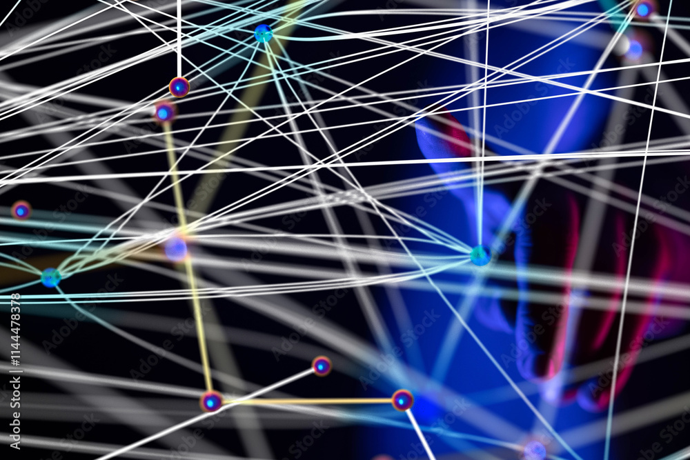 Poster Global network. Blockchain. 3D illustration. Neural networks and artificial intelligence. Abstract