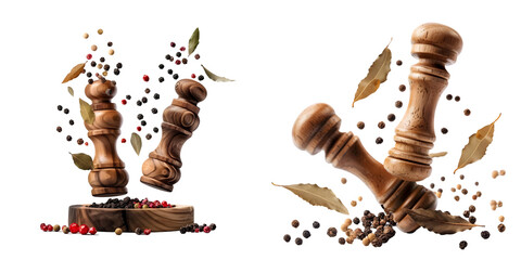 Two spice mills with peppercorns and bay leaves flying Grinder for spices. Salt and pepper shakers levitation. Generative AI.