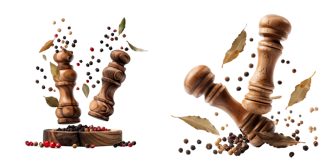 Two spice mills with peppercorns and bay leaves flying Grinder for spices. Salt and pepper shakers levitation. Generative AI.